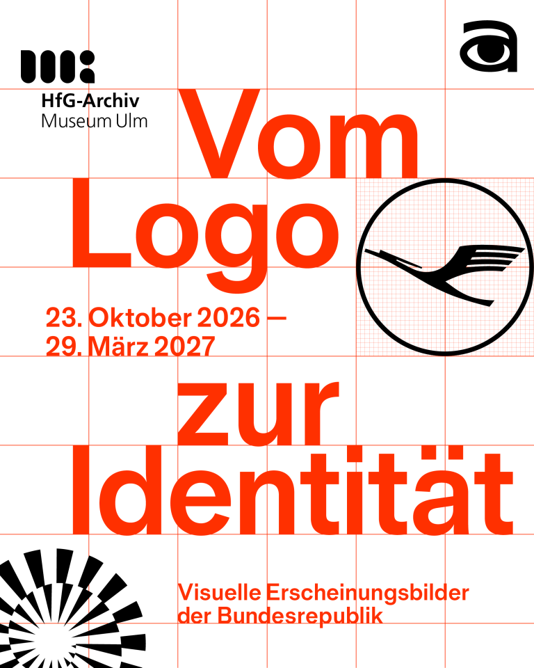 Poster titled 'Vom Logo zur Identität' in red text on white background with grid lines, featuring logos of HfG-Archiv Museum Ulm, Lufthansa, and a stylized eye, with dates '23 October 2026 – 29 March 2027' and subtitle 'Visual identities of the Federal Republic'